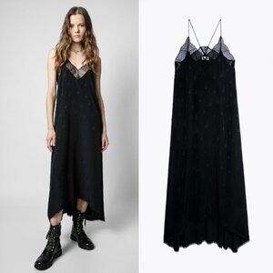 NWT $479 ZADIG & VOLTAIRE Guitar Silk Risty Dress BLACK SIZE M